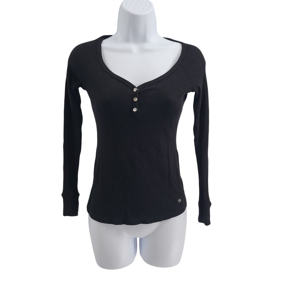 Bebe Sport Y2K women's long sleeve henley shirt black Size Medium Elena Gilbert